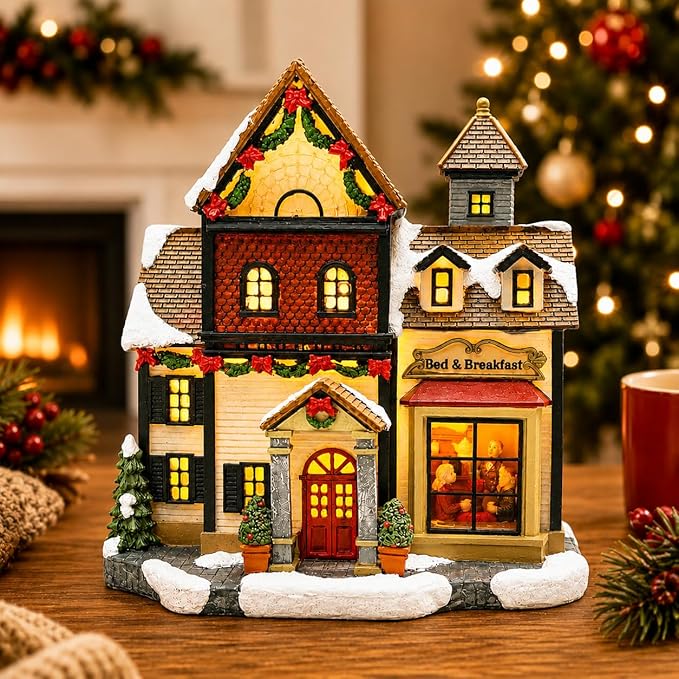 MOMENTS IN TIME Christmas Village Building, Bed and Breakfast with LED Lights - Battery Operated (not Included) (8.5" H x 8.3" W x 5.5" D)