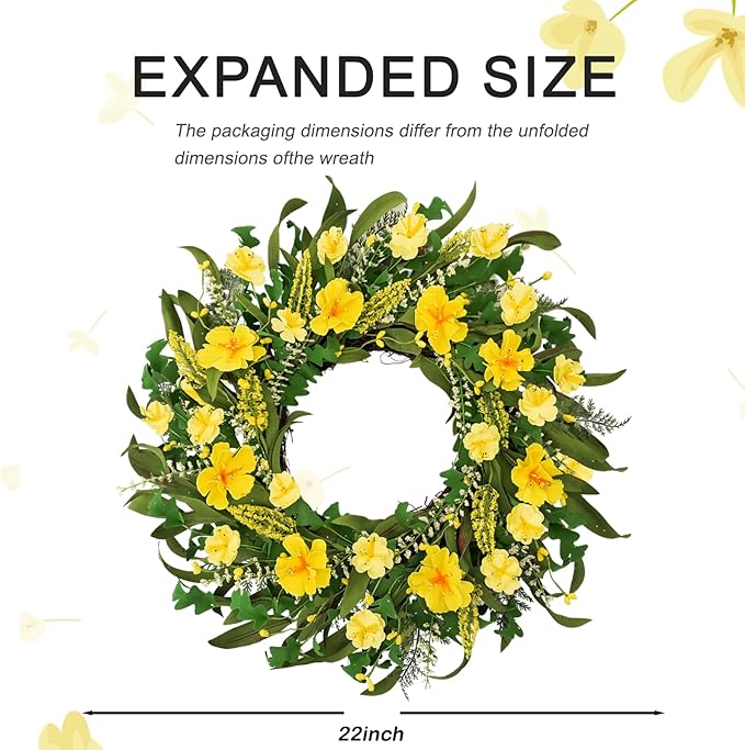 22 Inch Spring Summer Wreaths for Front Door, Artificial Flowers Wreath with Yellow Floral Green Leaves Berries and Grain Spikes, Farmhouse Wreath for Front Porch Wall Indoor Outdoor Home Decor