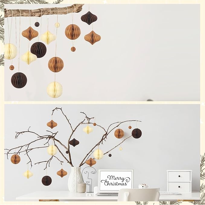 TecUnite 50 Pcs Christmas Paper Honeycomb Ornaments for Tree Vintage 3D Mini Glitter Edge Paper Christmas Ornament Honeycomb Tree Hanging Neutral Boho Holiday Xmas Party Decoration(Brown)