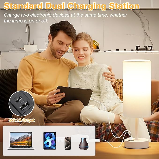 Dicoool White Touch Bedside Lamp for Bedroom - 3 Way Dimmable Table Lamp with USB, Nightstand Lamp with White Charging Station for Desk Dorm, Girl Kids Room, Small