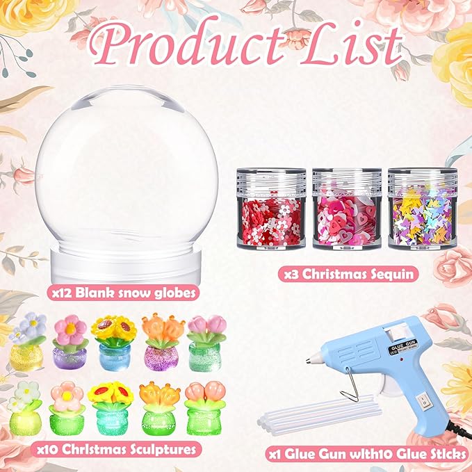 12 Sets Flower Craft Bulk Flower Plastic Clear Snow Globes Kit with Glow in The Dark Plates, Sequins Flakes, Glue Guns for Employee Make Your Own Party Snow Globes Craft DIY Gifts