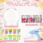 12 Sets Flower Craft Bulk Flower Plastic Clear Snow Globes Kit with Glow in The Dark Plates, Sequins Flakes, Glue Guns for Employee Make Your Own Party Snow Globes Craft DIY Gifts