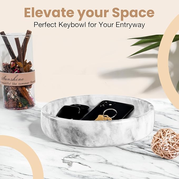FNTSTICGOODS Marble Decorative Bowl - 7.5" White/Grey Solid Marble Centerpiece - Handmade Stone Fruit Bowl - Catch-All or Key Bowl for Kitchen - Modern Minimalist Decor