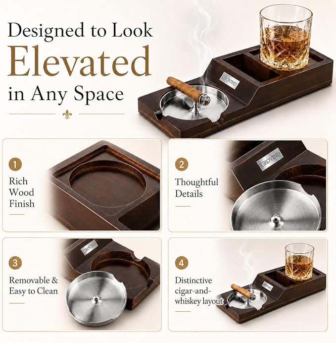 Cigar Ashtray,Wooden Ashtrays with Whiskey Glass Tray -Cigarette Holder,Cigar Accessories Set,cigar Gifts for Men Father's Day,Outdoor Ashtrays for Patio,Ash Trays Indoor Home Decor