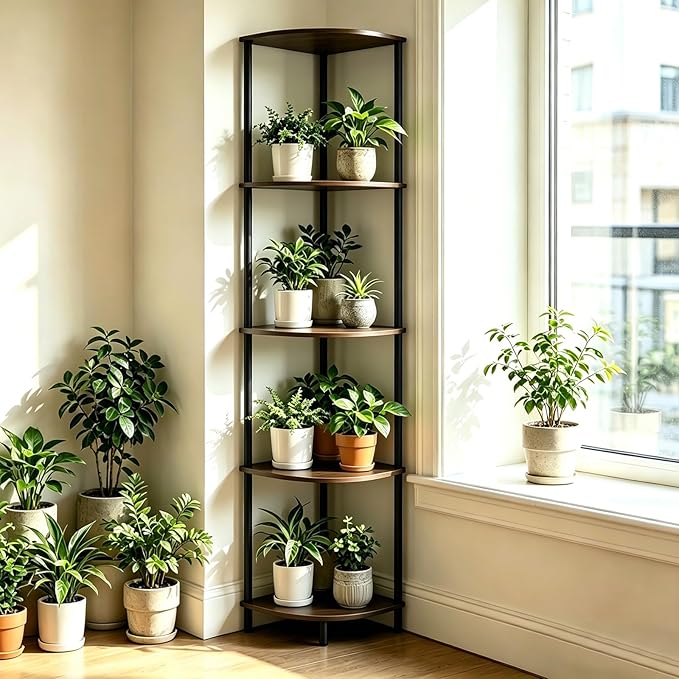 Corner Shelf Stand 5 Tier, Tall Slim Corner Bookshelf, Small Storage Display Shelving Unit for Home Office, Bathroom, Bedroom, Easy Assembly with Anti-Tip Design, Rustic Brown