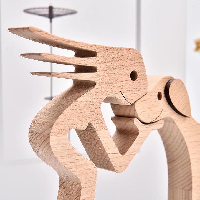 ISHINE Wood Decor Wooden Statue Man and Dog Figurine Handmade Carved Creative Home Office Gift for Men Women Accents Decoration Natural ECO Friendly 7x3 inches (B-Woman Kisses Dog)