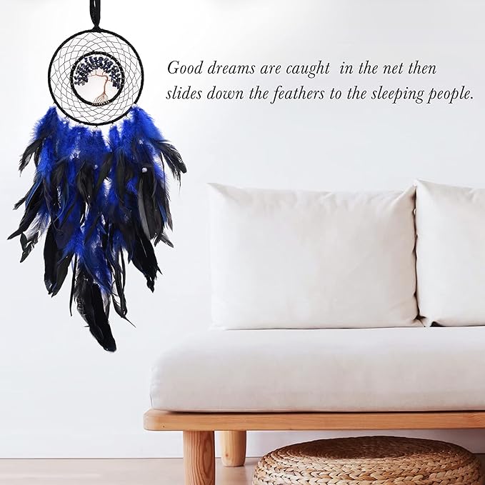Dreamlike Deep Blue Tree of Life Dream Catcher Wall Decor with Healing Crystal Stone Handmade Feather Dream Catchers Decoration Wall Hanging for Girls Bedroom Living Room Wedding Party Home Décor