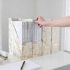 BLU MONACO | Set of 4 Foldable Magazine Storage Boxes with Gold Floral Pattern | Decorative Vertical File Organizers with Gold Label Holders for Desk, Shelves & Home Office