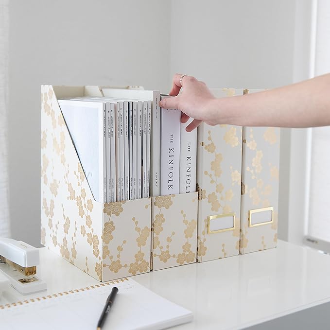 BLU MONACO | Set of 4 Foldable Magazine Storage Boxes with Gold Floral Pattern | Decorative Vertical File Organizers with Gold Label Holders for Desk, Shelves & Home Office