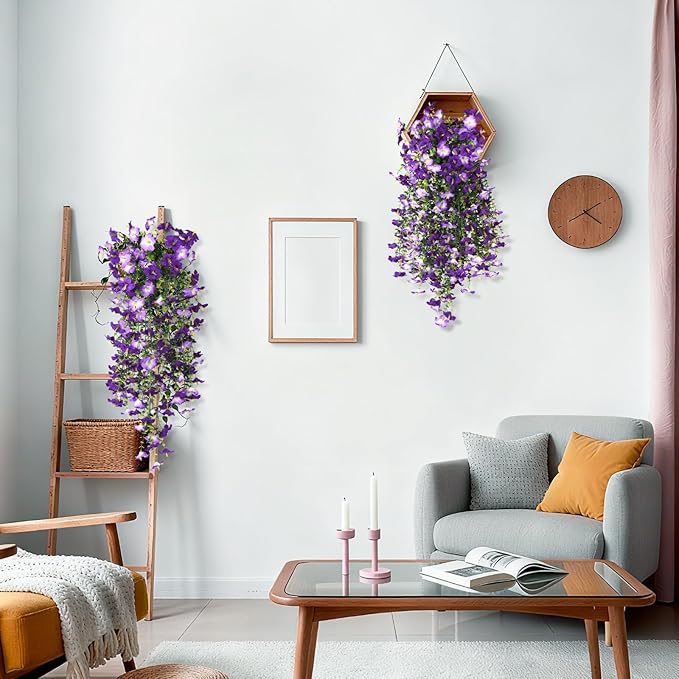 Artificial Hanging Flowers Plants for Outdoor Spring Summer Decoration, 2PCS Faux Silk Morning glory UV Resistant Look Real for Outside Home Indoor Planter Porch Garden Yard Decor(Dark Orchid)