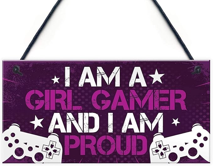 I am A Girl Gamer and I am Proud Wood Signs Gifts for Girl Women Bithday Gifts for Daughter, Sister, Girl Gamer Door Hanging Plaques 12x6inches (WD004)