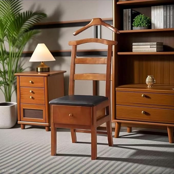 Chair Valet With Drawer,Wooden Suit Valet Stand With Contour Hanger,Trouser Bar & Tie Bar - Freestanding Clothing Organizer For Men & Women,Ideal For Office & Hotel