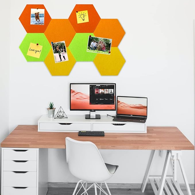 8Pcs Hexagon Felt Cork Board Tiles, Self Adhesive DIY Bulletin Board Pin Board for Office School Home Wall Decor Stickers Memos Photos Display (Gradual Orange)