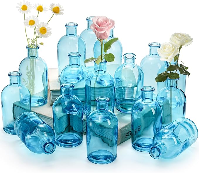 YOUEON 16 Pcs Blue Glass Bud Vases, 8 Oz Living Bud Vases, Small Vases for Flowers, Decorative Glass Bottles, Vintage Flower Vases for Table Centerpiece, Wedding Reception, Home Decor, Office