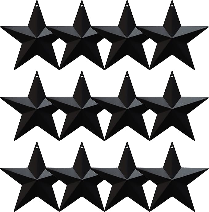 Metal Star Hanging Ornament, 3.8 Inch Black Barn Star for Home Decoration, Set of 12, Rustic Vintage Christmas Gift