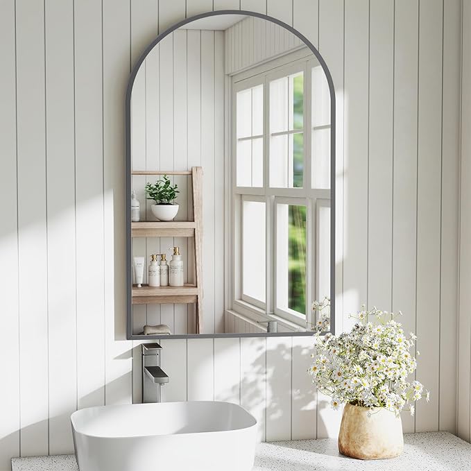 DUMOS Black Metal Arch Vanity Rounded Rectangle Bathroom Mirrors for Over Sink Wall, 24x37 Inch Large Matte Mirror, Modern Decorative for Restroom, Farmhouse