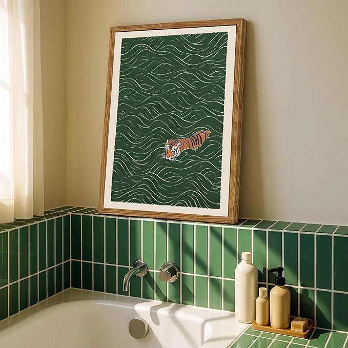 Framed Japanese Tiger Wall Art, Vintage Tiger Swimming Pictures Wall Decor, Funny Wild Animal Paintings Canvas Prints Eclectic Home Decor for Living Room Bedroom Bathroom 16x24 inch