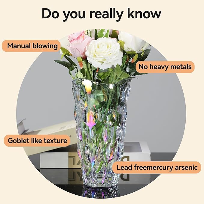 CEMABT 9.5inch 3.4 lb Glass Vases for Flowers Unbreakable Thickened Morden vase for Tables Centerpieces,Colorful,Vintage and Clear Rose Large Flower vases for Bouquet Unique Gifts（Colorful）