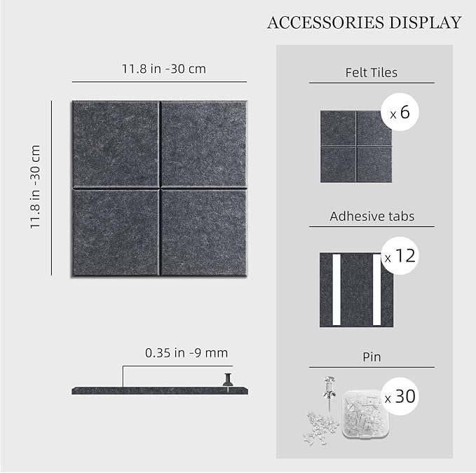 Large Felt Cork Board Alternative - 36" x 24" Bulletin Board with 30 Pushpins, 6 Pack Adhesive Cork Board, Sound Absorbing Fabric Wall Tiles, for Office Home Music Class, Dark Gray