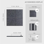 Large Felt Cork Board Alternative - 36" x 24" Bulletin Board with 30 Pushpins, 6 Pack Adhesive Cork Board, Sound Absorbing Fabric Wall Tiles, for Office Home Music Class, Dark Gray