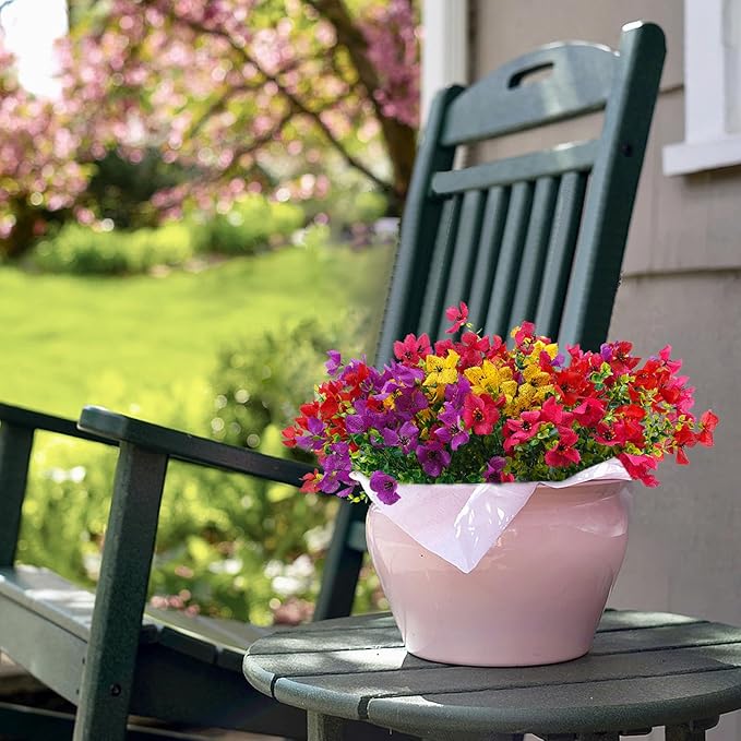 Artificial Faux Plants Flowers Outdoor Spring Summer Decoration, 12 Bundles Fake Silk Colorful Daisy Eucalyptus Realistic UV Resistant for Outside Home Planter Porch Yard Decor (Mix)
