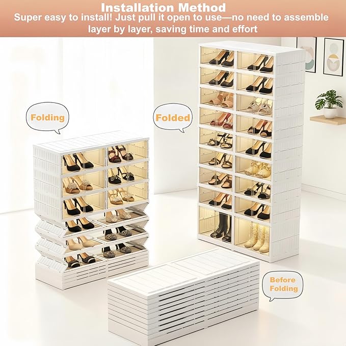 Elayce Foldable Shoe Rack Organizer, 9-Tier (8+1 Tall) Double-Row Shoe Storage Cabinet, Installation-Free Stackable Shoe Boxes with Clear Magnetic Doors for Entryway & Closet (White) (2)