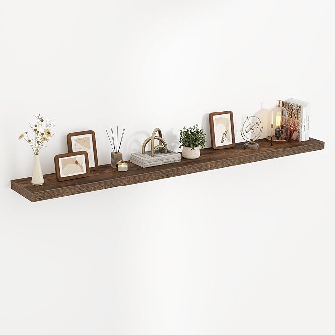 Acovy 72 Inch Floating Shelves, 3D Textured Wood Grain, 72"x9.25"x1.5" Inch Deep Floating Shelves for Wall, Wooden Shelves for Bathroom, Bedroom, Living Room, Brown, 1 Piece