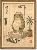 Funny Japanese Frog Bathroom Wall Art Whimsical Frog Shower Wall Decor 12x16 inch Wood Framed, Eclectic Japan Animal Bathroom Poster Painting Canvas Prints Aesthetics