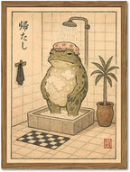 Funny Japanese Frog Bathroom Wall Art Whimsical Frog Shower Wall Decor 12x16 inch Wood Framed, Eclectic Japan Animal Bathroom Poster Painting Canvas Prints Aesthetics