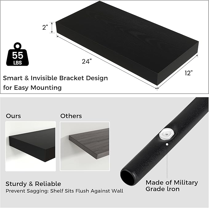 Venusmiles Floating Shelves for Wall, 24 Inch Wide x 12 Inch Deep Floating Shelves, Long Wood Floating Wall Shelf Shelves for Living Room Bathroom Bedroom Kitchen Home - (Black, 24" W x 12" D x 2" H)