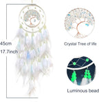 White Dream Catcher Wall Decor Crystal Tree of Life Dream Catchers with Luminous Bead Handmade Feather Dreamcatcher Wall Hanging Ornament for Bedroom Living Room Home Decor