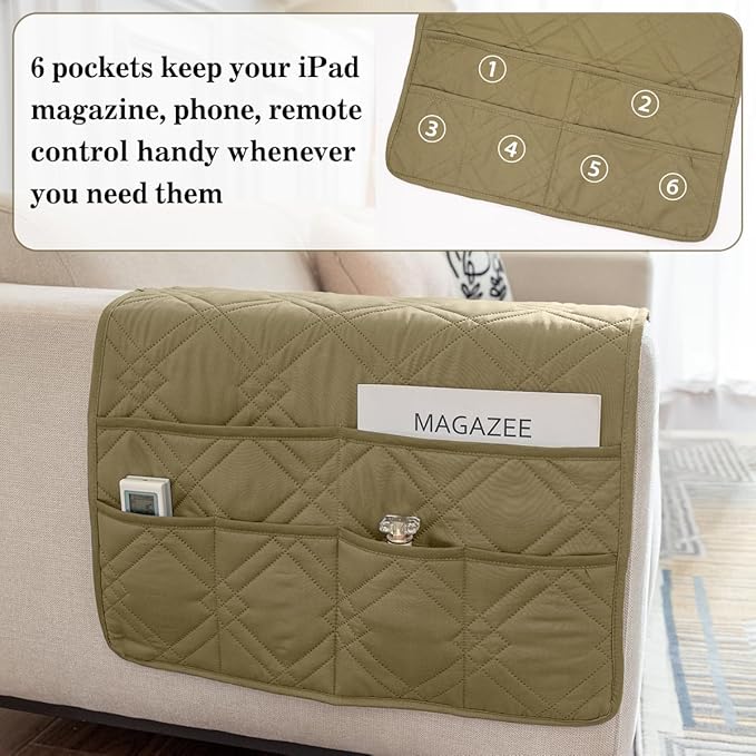 Couch Armrest Organizer Remote Control Holder Bedside Caddy with 6 Pockets, Non-Slip Armchair Caddy Sofa Armrest Organizer for Tv Remote Control, Magazine, Cell Phone, Dark Khaki
