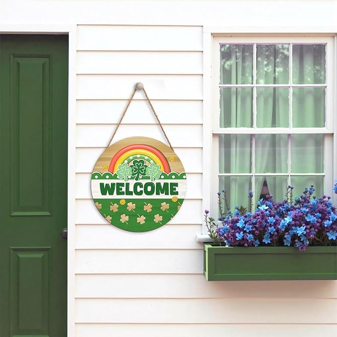 Happy St. Patrick's Day Rainbow Wooden Hanging Sign 12x12 Inch St. Patricks Day Welcome Shamrock Wreath Sign for Front Door Decor,Irish Spring Farmhouse Wood Wreath Indoor Wall Hanging Decoration