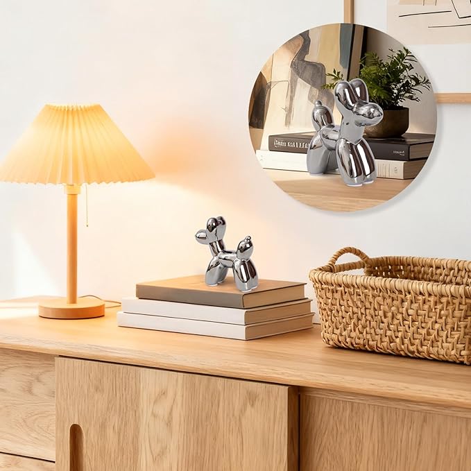 Notakia Silver Balloon Dog Ceramic Statue, Handmade Small Modern Animal Figurine, Cute Desktop Decoration for Living Room, Home Decor Accent