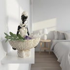 Lescafita Ivory White African Seated Woman Statue - Serene Tribal Figure with Crystal Earrings, Minimalist Resin Home Decor for Shelves/Desks (9" H)