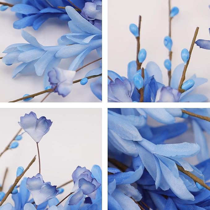 24 Inch Artificial Blue Forsythia Flower Wreath, Silk & Paper Bridal Floral Wreath for Front Door, Elegant Beach Nautical Themed Wedding & Spring Summer Decor, All Season Farmhouse Porch Wall Decor