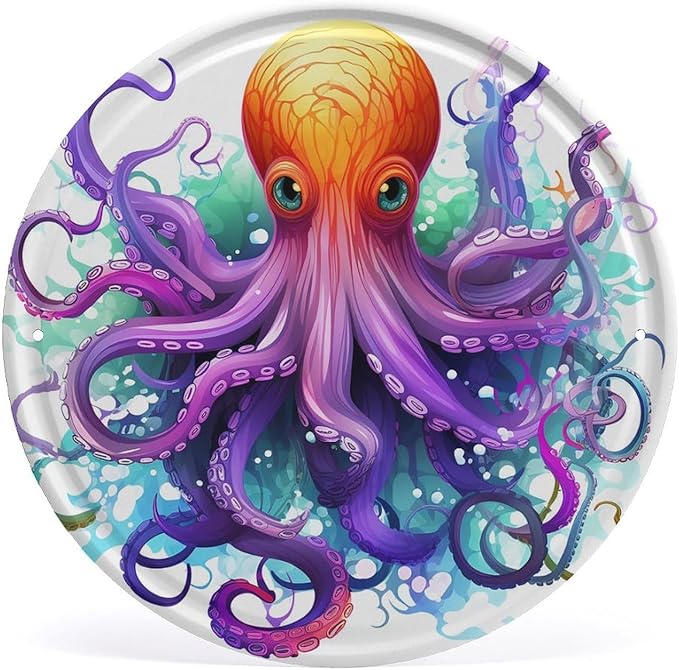 Wall Picture, with Colorful Octopus Printed Circular Iron Hanging Picture,Wall Art Decor,Home for Bedroom Living Room Bathroom Decor,Iron Painting 11.8X11.8 in