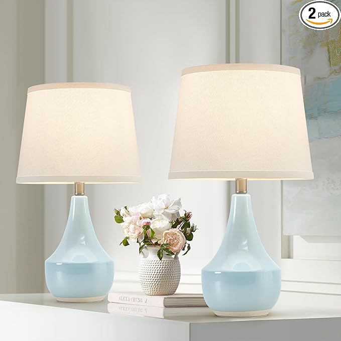 GyroVu 18" Table Lamp Set of 2, Ceramic Lamp Classic Beside Lamps Nightstand Lamp Modern Cute Lamp for Living Room, Bedroom & Office Rocker Switch Sky Blue-LED Bulbs Included