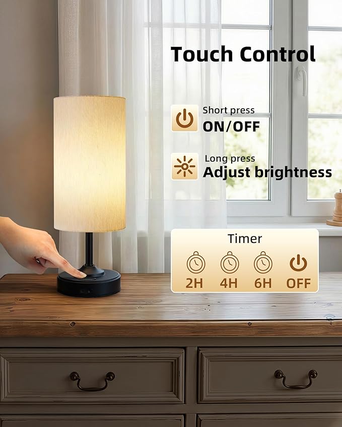 Wireless Lamp, 2-Pack, Ambient Light, Dimmable, 2700K, Timer, Touch Control, Portable, LED, Battery Operated, Rechargeable, Cordless, Desk Lamp, Kitchen Lamp, Fabric Shade, for Bedroom, Living Room