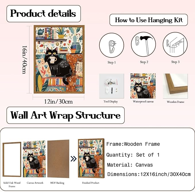 Framed Funny Black Cat Canvas Wall Art, Cute Cat Drinking Coffee on Sofa Pictures Wall Decor, Eclectic Animal Paintings Prints Boho Home Decor for Living Room Cafe Kitchen Bar 12x16 inch