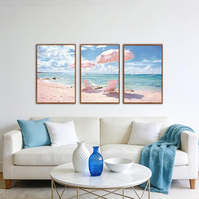 KAlRNE Summer Pink Beach Framed Canvas Wall Art Set of 3(16”X24”),Seascape Coastal Surfing Wall Decor,Modern Nature Ocean Art Prints For Living Room Bedroom Office
