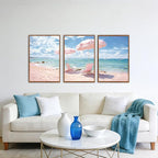 KAlRNE Summer Pink Beach Framed Canvas Wall Art Set of 3(16”X24”),Seascape Coastal Surfing Wall Decor,Modern Nature Ocean Art Prints For Living Room Bedroom Office