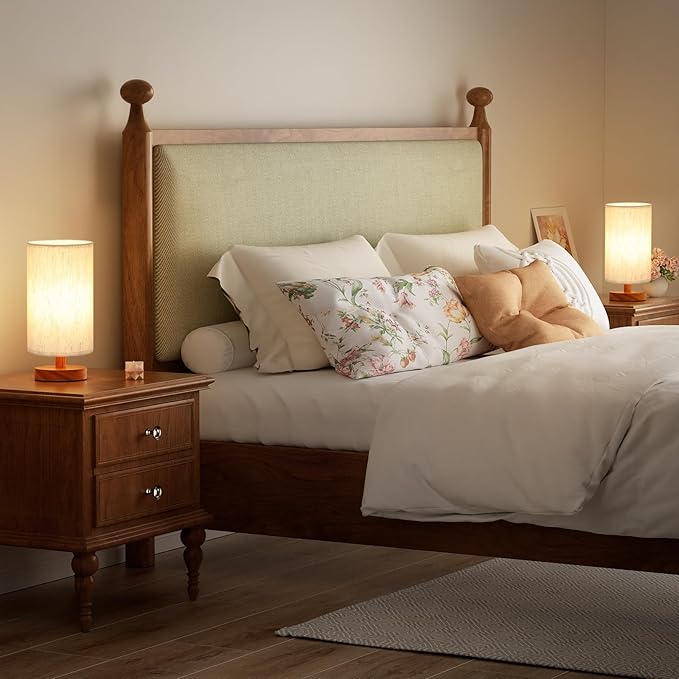 Fenmzee Small Lamps Set of 2 - Inline Control, Bedside Table Lamp for Bedroom with 3000K A15 LED Blub, Easy Assembly (Cream Shade - Walnut Base Set of 2, 9" Inline Control)