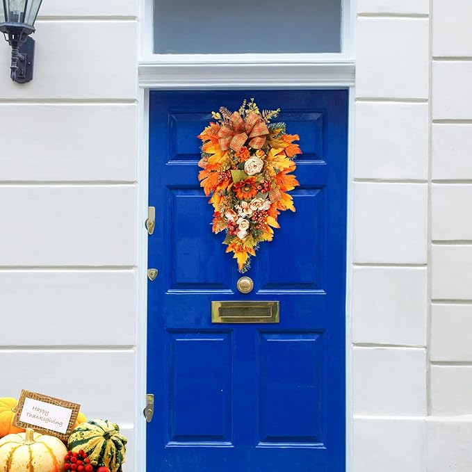 21.7Inch Artificial Fall Harvest Teardrop Swag for Front Door Thanksgiving Teardrop Wreath with Maple Leaves Berry Autumn Floral Swag for Home Wall(with Light)
