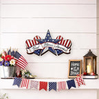 Wooden 4th of July Decorations Patriotic Wreath Independence Day Decorations Front Door with Star Sign god Bless America Sign Welcome Memorial Day Hanging for Home Wall Decor Outdoor Indoor