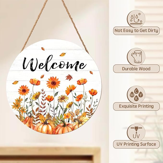 Fall Welcome Sign for Front Door Fall Floral Wooden Door Hanger 12x12 Inch Autumn Wreath for Outdoor Outside Porch Decor Farmhouse Flowers Welcome Hanging Sign for Home Wall Greeting Party