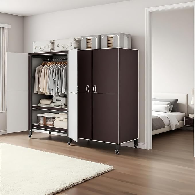 Heavy Duty Portable Closet with Cover Magnetic Doors, Metal Rolling Clothes Rack Heavy Duty 1500LBS, Foldable Clothing Rack, Garment Racks for Bedroom/LivingRoom/Rental (KT Coffee, 70.86in)