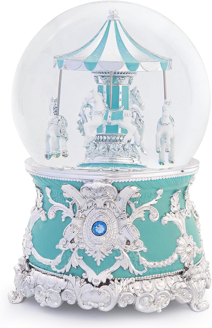 Carousel Music Box Silver Turquoise Christmas Snow Globes, 7.1" Glass Rotate Carousel Snow Globe for Kids & Adults, Classic Wind up Musical Snow Globe Valentines Day Gifts, Carousel Horse Home Decor