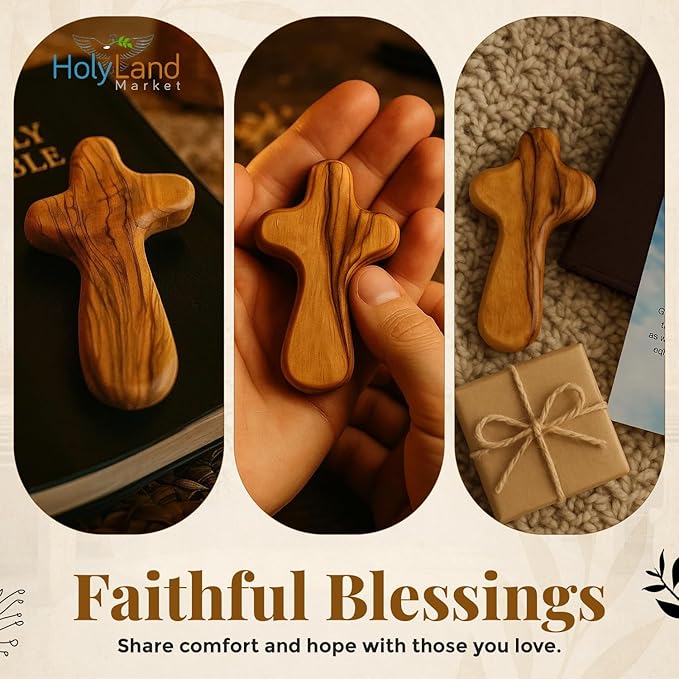 Holy Land Market 3 Olive Wood Crosses From the Holy Land - 2.5 Inch Pocket Palm Crucifix | Handmade Jerusalem, Bethlehem Israel - Gifts by Christians with Certificates -Holy Land Olive Wood Cross x3