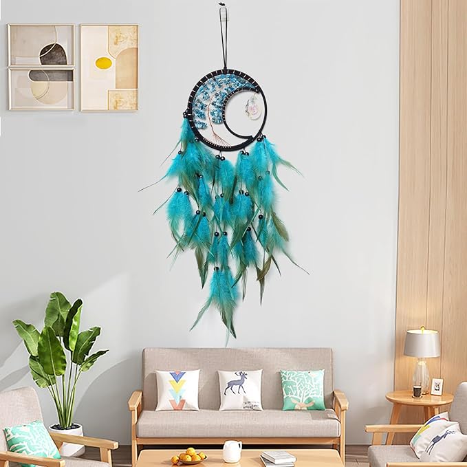 Blue Dream Catcher Wall Decor Tree of Life Dream Catchers with Crystal Pendant Handmade Feather Dreamcatcher Wall Hanging Ornament for Bedroom Living Room Home Decor